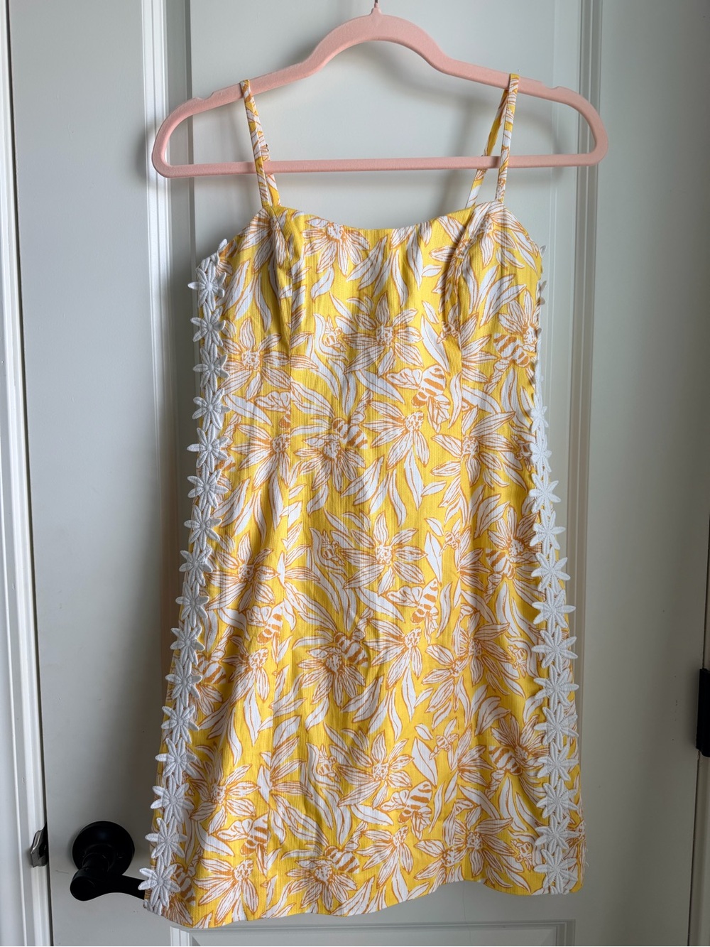 Lilly Pulitzer Yellow Floral Shelli Dress with White Lace Trim bees honey